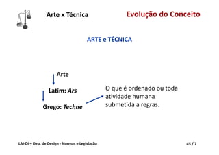 LAI‐DI – Dep. de Design ‐ Normas e Legislação 45 / 7
Arte
Latim: Ars
Grego: Techne
O que é ordenado ou toda 
atividade humana 
submetida a regras.
Arte x Técnica
ARTE e TÉCNICA
Evolução do Conceito
 