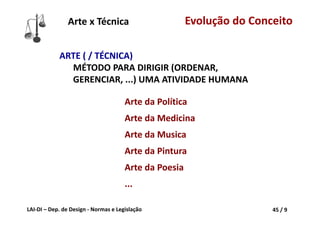 LAI‐DI – Dep. de Design ‐ Normas e Legislação 45 / 9
ARTE ( / TÉCNICA)
MÉTODO PARA DIRIGIR (ORDENAR, 
GERENCIAR, ...) UMA ATIVIDADE HUMANA
Arte da Política
Arte da Medicina
Arte da Musica
Arte da Pintura
Arte da Poesia
...
Arte x Técnica Evolução do Conceito
 