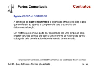LAI-DI – Dep. de Design - Normas e Legislação 42 / 12
Contratos
Declaração de vontade LIVRE e de BOA FÉ
Partes Conceituais
 