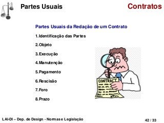 LAI-DI – Dep. de Design - Normas e Legislação 42 / 33
Partes Usuais Contratos
Partes Usuais da Redação de um Contrato
1.Identificação das Partes
2.Objeto
3.Execução
4.Manutenção
5.Pagamento
6.Rescisão
7.Foro
8.Prazo
 