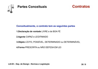 LAI-DI – Dep. de Design - Normas e Legislação 42 / 8
Conceito Contratos
Juridicamente falando, na sua concepção tradicional, o contrato é o
acordo de vontades, entre duas ou mais pessoas, com conteúdo
patrimonial, para adquirir, modificar, conservar ou extinguir direitos.
PAMPLONA FILHO, Rodolfo. Esboçando uma Teoria Geral dos
Contratos . Jus Navigandi, Teresina, ano 9, n. 682, 18 maio 2005
 