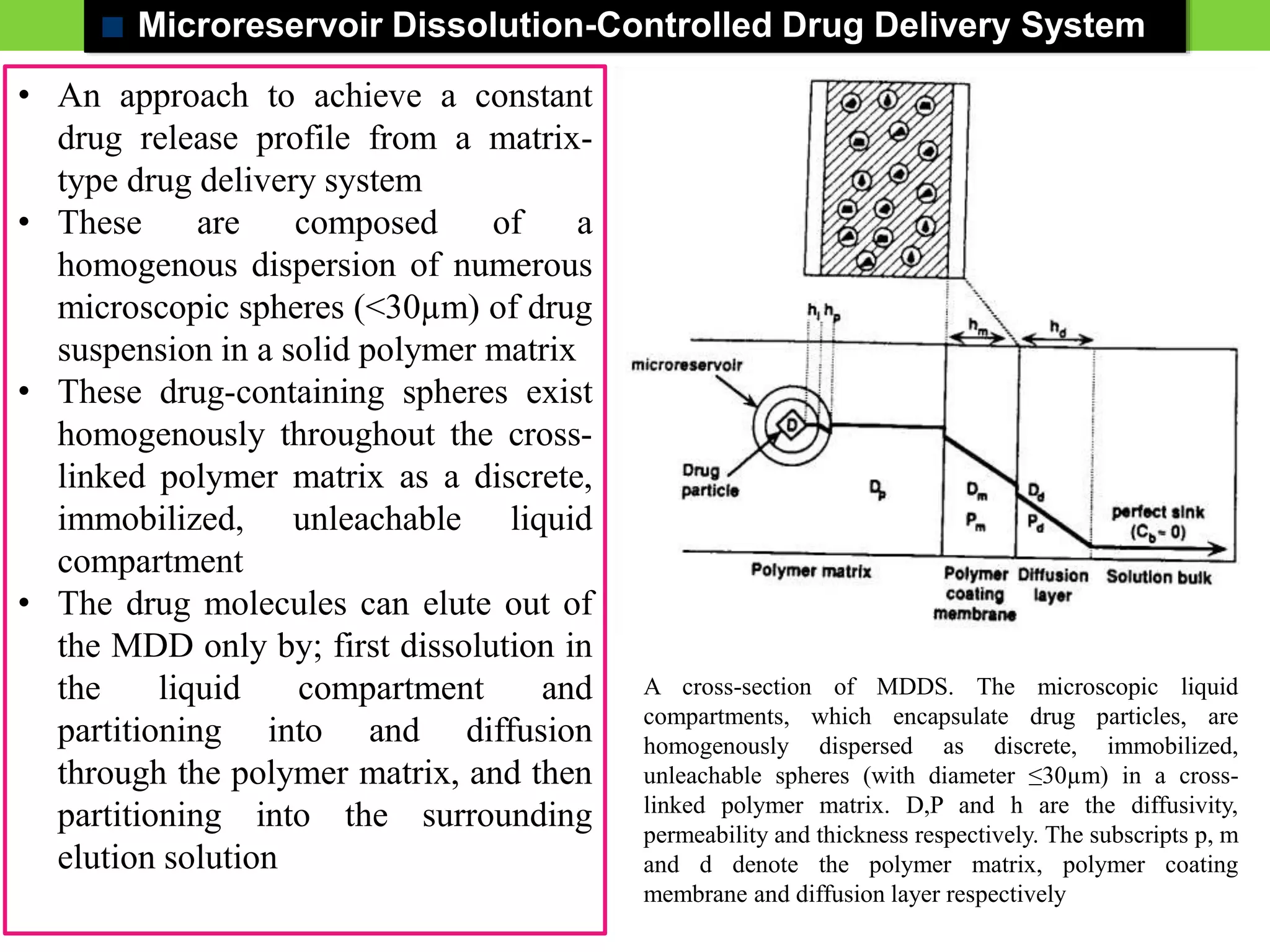 Microreservoir Dissolution-Controlled Drug Delivery System
• An approach to achieve a constant
drug release profile from a matrix-
type drug delivery system
• These are composed of a
homogenous dispersion of numerous
microscopic spheres (<30µm) of drug
suspension in a solid polymer matrix
• These drug-containing spheres exist
homogenously throughout the cross-
linked polymer matrix as a discrete,
immobilized, unleachable liquid
compartment
• The drug molecules can elute out of
the MDD only by; first dissolution in
the liquid compartment and
partitioning into and diffusion
through the polymer matrix, and then
partitioning into the surrounding
elution solution
A cross-section of MDDS. The microscopic liquid
compartments, which encapsulate drug particles, are
homogenously dispersed as discrete, immobilized,
unleachable spheres (with diameter ≤30µm) in a cross-
linked polymer matrix. D,P and h are the diffusivity,
permeability and thickness respectively. The subscripts p, m
and d denote the polymer matrix, polymer coating
membrane and diffusion layer respectively
 