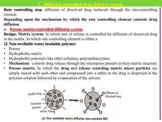 1. Diffusion controlled drug delivery system
Rate controlling step: diffusion of dissolved drug molecule through the rate-controlling
element
Depending upon the mechanism by which the rate controlling element controls drug
diffusion
a. Porous matrix-controlled diffusion system
Design- Matrix system: In which rate of release is controlled by diffusion of dissolved drug
in the matrix, In which rate controlling element is either a
 Non-swellable water insoluble polymer
• Porous
• Hydrophobic matrix
• Hydrophobic polymers like ethyl cellulose, polymethacrylates
• Mechanism: controls drug release through the micropores present in their matrix structure
• Porous matrix: In which the drug and release retarding matrix micro particles are
simply mixed with each other and compressed into a tablet or the drug is dispersed in the
polymer solution followed by evaporation of the solvent
 