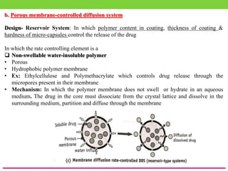 b. Porous membrane-controlled diffusion system
Design- Reservoir System: In which polymer content in coating, thickness of coating &
hardness of micro‐capsules control the release of the drug
In which the rate controlling element is a
 Non-swellable water-insoluble polymer
• Porous
• Hydrophobic polymer membrane
• Ex: Ethylcellulose and Polymethacrylate which controls drug release through the
micropores present in their membrane
• Mechanism: In which the polymer membrane does not swell or hydrate in an aqueous
medium. The drug in the core must dissociate from the crystal lattice and dissolve in the
surrounding medium, partition and diffuse through the membrane
 