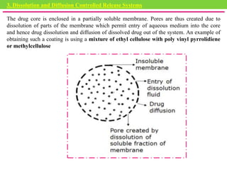 3. Dissolution and Diffusion Controlled Release Systems
The drug core is enclosed in a partially soluble membrane. Pores are thus created due to
dissolution of parts of the membrane which permit entry of aqueous medium into the core
and hence drug dissolution and diffusion of dissolved drug out of the system. An example of
obtaining such a coating is using a mixture of ethyl cellulose with poly vinyl pyrrolidiene
or methylcellulose
 