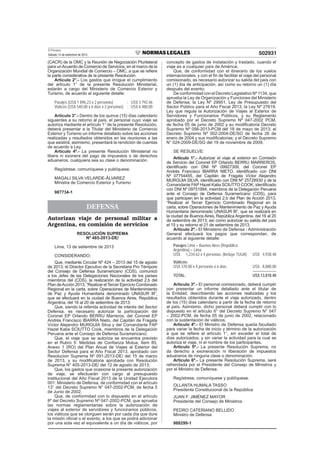 El Peruano
Sábado 14 de setiembre de 2013 502931
(CACR) de la OMC y la Reunión de Negociación Plurilateral
para unAcuerdo de Comercio de Servicios, en el marco de la
Organización Mundial de Comercio – OMC, a que se reﬁere
la parte considerativa de la presente Resolución.
Artículo 2°.- Los gastos que irrogue el cumplimiento
del artículo 1° de la presente Resolución Ministerial,
estarán a cargo del Ministerio de Comercio Exterior y
Turismo, de acuerdo al siguiente detalle:
Pasajes (US$ 1 896,23 x 2 personas) : US$ 3 792,46
Viáticos (US$ 540,00 x 6 días x 2 personas) : US$ 6 480,00
Artículo 3°.- Dentro de los quince (15) días calendario
siguientes a su retorno al país, el personal cuyo viaje se
autoriza mediante el artículo 1° de la presente Resolución,
deberá presentar a la Titular del Ministerio de Comercio
Exterior y Turismo un informe detallado sobre las acciones
realizadas y resultados obtenidos en las reuniones a las
que asistirá; asimismo, presentará la rendición de cuentas
de acuerdo a Ley.
Artículo 4º.- La presente Resolución Ministerial no
libera ni exonera del pago de impuestos o de derechos
aduaneros, cualquiera sea su clase o denominación.
Regístrese, comuníquese y publíquese.
MAGALI SILVA VELARDE-ÁLVAREZ
Ministra de Comercio Exterior y Turismo
987734-1
DEFENSA
Autorizan viaje de personal militar a
Argentina, en comisión de servicios
RESOLUCIÓN SUPREMA
Nº 485-2013-DE/
Lima, 13 de setiembre de 2013
CONSIDERANDO:
Que, mediante Circular Nº 424 – 2013 del 15 de agosto
de 2013, el Director Ejecutivo de la Secretaria Pro Témpore
del Consejo de Defensa Suramericano (CDS), comunicó
a los Jefes de las Delegaciones Nacionales de los países
miembros del (CDS), la realización de la actividad 2.b del
Plan deAcción 2013, “Realizar el Tercer Ejercicio Combinado
Regional en la carta, sobre Operaciones de Mantenimiento
de Paz y Ayuda Humanitaria denominado UNASUR III”,
que se efectuará en la ciudad de Buenos Aires, República
Argentina, del 16 al 20 de setiembre de 2013;
Que, siendo la referida actividad de interés del Sector
Defensa, es necesario autorizar la participación del
Coronel EP Orlando BERRU Marreros, del Coronel EP
Andrés Francisco IBARRA Nieto, del Capitán de Fragata
Víctor Alejandro MURGUIA Silva y del Comandante FAP
Hazel Katia SCIUTTO Cook, miembros de la Delegación
Peruana ante el Consejo de Defensa Suramericano;
Que, el viaje que se autoriza se encuentra previsto
en el Rubro 5: Medidas de Conﬁanza Mutua, Item 85,
Anexo 1 (RO) del Plan Anual de Viajes al Exterior del
Sector Defensa para el Año Fiscal 2013, aprobado con
Resolucion Suprema Nº 091-2013-DE/ del 15 de marzo
de 2013, y su modiﬁcatoria aprobada con Resolución
Suprema N° 405-2013-DE/ del 12 de agosto de 2013;
Que, los gastos que ocasione la presente autorización
de viaje, se efectuarán con cargo al presupuesto
institucional del Año Fiscal 2013 de la Unidad Ejecutora
001: Ministerio de Defensa, de conformidad con el artículo
13° del Decreto Supremo N° 047-2002-PCM, de fecha 5
de Junio de 2002;
Que, de conformidad con lo dispuesto en el artículo
8º del Decreto Supremo Nº 047-2002-PCM, que aprueba
las normas reglamentarias sobre la autorización de
viajes al exterior de servidores y funcionarios públicos,
los viáticos que se otorguen serán por cada día que dure
la misión oﬁcial o el evento, a los que se podrá adicionar
por una sola vez el equivalente a un día de viáticos, por
concepto de gastos de instalación y traslado, cuando el
viaje es a cualquier país de América;
Que, de conformidad con el itinerario de los vuelos
internacionales, y con el ﬁn de facilitar el viaje del personal
comisionado, es necesario autorizar su salida del país con
un (1) día de anticipación, así como su retorno un (1) día
después del evento;
De conformidad con el Decreto Legislativo Nº 1134, que
aprueba la Ley de Organización y Funciones del Ministerio
de Defensa; la Ley Nº 29951, Ley de Presupuesto del
Sector Público para el Año Fiscal 2013; la Ley Nº 27619,
Ley que regula la Autorización de Viajes al Exterior de
Servidores y Funcionarios Públicos, y su Reglamento
aprobado por el Decreto Supremo Nº 047-2002 PCM,
de fecha 05 de junio de 2002 y su modiﬁcatoria Decreto
Supremo Nº 056-2013-PCM del 18 de mayo de 2013; el
Decreto Supremo Nº 002-2004-DE/SG de fecha 26 de
enero de 2004 y sus modiﬁcatorias; y el Decreto Supremo
N° 024-2009-DE/SG del 19 de noviembre de 2009.
SE RESUELVE:
Artículo 1°.- Autorizar el viaje al exterior en Comisión
de Servicio del Coronel EP Orlando BERRU MARREROS,
identiﬁcado con DNI Nº 09927309, del Coronel EP
Andrés Francisco IBARRA NIETO, identiﬁcado con DNI
Nº 07754455, del Capitán de Fragata Víctor Alejandro
MURGUIA SILVA, identiﬁcado con DNI Nº 25728930 y de la
Comandante FAP Hazel Katia SCIUTTO COOK, identiﬁcado
con DNI Nº 09751994, miembros de la Delegación Peruana
ante el Consejo de Defensa Suramericano (CDS), para
que participen en la actividad 2.b del Plan de Acción 2013,
“Realizar el Tercer Ejercicio Combinado Regional en la
carta, sobre Operaciones de Mantenimiento de Paz y Ayuda
Humanitaria denominado UNASUR III”, que se realizará en
la ciudad de Buenos Aires, República Argentina, del 16 al 20
de setiembre de 2013; así como autorizar su salida del país
el 15 y su retorno el 21 de setiembre de 2013.
Artículo 2º.- El Ministerio de Defensa - Administración
General efectuará los pagos que correspondan, de
acuerdo al siguiente detalle:
Pasajes Lima – Buenos Aires (República
Argentina) – Lima:
US$ 1,234.62 x 4 personas. (Incluye TUUA) US$ 4,938.48
Viáticos:
US$ 370.00 x 4 personas x 6 días US$ 8,880.00
--------------------
TOTAL: US$ 13,818.48
Artículo 3º.- El personal comisionado, deberá cumplir
con presentar un informe detallado ante el titular de
la Entidad, describiendo las acciones realizadas y los
resultados obtenidos durante el viaje autorizado, dentro
de los (15) días calendario a partir de la fecha de retorno
al país. Asimismo, dicho personal deberá cumplir con lo
dispuesto en el artículo 6° del Decreto Supremo N° 047
– 2002-PCM, de fecha 05 de junio de 2002, relacionado
con la sustentación de viáticos.
Artículo 4º.- El Ministro de Defensa queda facultado
para variar la fecha de inicio y término de la autorización
a que se reﬁere el artículo 1°, sin exceder el total de
días autorizados; y sin variar la actividad para la cual se
autoriza el viaje, ni el nombre de los participantes.
Artículo 5º.- La presente Resolución Suprema, no
da derecho a exoneración ni liberación de impuestos
aduaneros de ninguna clase o denominación.
Artículo 6º.- La presente Resolución Suprema, será
refrendada por el Presidente del Consejo de Ministros y
por el Ministro de Defensa.
Regístrese, comuníquese y publíquese.
OLLANTA HUMALA TASSO
Presidente Constitucional de la República
JUAN F. JIMÉNEZ MAYOR
Presidente del Consejo de Ministros
PEDRO CATERIANO BELLIDO
Ministro de Defensa
988299-1
 