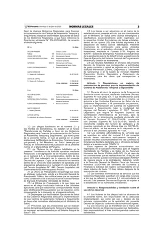 3NORMAS LEGALESDomingo 12 de julio de 2020El Peruano /
favor de diversos Gobiernos Regionales, para ﬁnanciar
la implementación de Centros de Aislamiento Temporal y
Seguimiento a cargo de las Unidades Ejecutoras de Salud
de los Gobiernos Regionales, a que hace referencia la
Resolución Ministerial N° 314-2020-MINSA, de acuerdo
al detalle siguiente:
DE LA: En Soles
SECCION PRIMERA : Gobierno Central
PLIEGO 009 : Ministerio de Economía y Finanzas
UNIDAD EJECUTORA 001 : Administración General
CATEGORIA PRESUPUESTARIA 9002 : Asignaciones presupuestarias que no
resultan en productos
ACTIVIDAD 5000415 : Administración del Proceso
Presupuestario del Sector Público
FUENTE DE FINANCIAMIENTO 1 : Recursos Ordinarios
GASTO CORRIENTE
2.0 Reserva de Contingencia 54 267 949,00
GASTO DE CAPITAL
2.0 Reserva de Contingencia 2 766 400.00
TOTAL EGRESOS 57 034 349,00
===========
A LA: En Soles
SECCION SEGUNDA : Instancias Descentralizadas
PLIEGO : Gobiernos Regionales
CATEGORIA PRESUPUESTARIA 9002 : Asignaciones presupuestarias que no
resultan en productos
FUENTE DE FINANCIAMIENTO 1 : Recursos Ordinarios
GASTO CORRIENTE
2.3 Bienes y Servicios 54 267 949,00
GATO DE CAPITAL
2.6 Adquisición de Activos no ﬁnancieros 2 766 400,00
TOTAL EGRESOS 57 034 349,00
===========
2.2 Los pliegos habilitados en el numeral 2.1 y
los montos de transferencia, se detallan en el Anexo
“Transferencia de Partidas a favor de los Gobiernos
Regionales para Financiar la implementación de Centros
de Aislamiento Temporal y Seguimiento”, que forma parte
de la presente norma, el cual se publica en el portal
institucional del Ministerio de Economía y Finanzas (www.
gob.pe/mef) y del Ministerio de Salud (www.gob.pe/
minsa), en la misma fecha de publicación de la presente
norma en el Diario Oﬁcial El Peruano.
2.3 Los Titulares de los pliegos habilitados en la
presente Transferencia de Partidas aprueban mediante
Resolución, la desagregación de los recursos autorizados
en el numeral 2.1, a nivel programático, dentro de los
cinco (05) días calendario de la vigencia del presente
Decreto de Urgencia. Copia de la resolución es remitida
dentro de los cinco (05) días calendario de aprobada a los
organismos señalados en el numeral 31.4 del artículo 31
del Decreto Legislativo Nº 1440, Decreto Legislativo del
Sistema Nacional de Presupuesto Público.
2.4 La Oﬁcina de Presupuesto o la que haga sus veces
en el pliego involucrado, solicita a la Dirección General de
Presupuesto Público, las codiﬁcaciones que se requieran
como consecuencia de la incorporación de nuevas Partidas
de Ingresos, Finalidades y Unidades de Medida.
2.5 La Oﬁcina de Presupuesto o la que haga sus
veces en el pliego involucrado instruye a las Unidades
Ejecutoras para que elaboren las correspondientes “Notas
para Modiﬁcación Presupuestaria” que se requieran, como
consecuencia de lo dispuesto en el presente artículo.
2.6 Dispóngase que las Unidades Ejecutoras de Salud
de los Gobiernos Regionales adecuan la implementación
de sus Centros de Aislamiento Temporal y Seguimiento
en base a las normativas elaboradas por el Ministerio de
Salud.
2.7 Precísese, que las prestaciones que se realizan
dentro de Centros deAislamiento Temporal y Seguimiento,
no requieren ser reembolsados por el Sistema Integral de
Salud – SIS.
2.8 Los bienes a ser adquiridos en el marco de lo
establecido en el presente artículo, que son considerados
por el Ministerio de Salud como activos estratégicos y
signiﬁcativos, excepcionalmente serán registrados por
la respectiva Unidad Formuladora de dichas entidades,
dentro de los quince (15) días hábiles siguientes a la
adquisición de dichos activos estratégicos mediante
inversiones de optimización para varias Unidades
Productoras, en el aplicativo informático del Banco de
Inversiones, mediante el Formato 07-D: Registro de
IOARR – Estado de Emergencia Nacional; exceptuándose
de la aprobación previa de dicho Formato y registros en la
Fase de Ejecución del Sistema Nacional de Programación
Multianual y Gestión de Inversiones.
2.9 Los recursos habilitados en el marco del presente
Decreto de Urgencia que correspondan a actividades
de gasto corriente y capital se registran en la Actividad
5006269 Prevención, Control, Diagnóstico y Tratamiento
de Coronavirus o en la Acción de Inversión 6000050
Prevención, Control, Diagnóstico y Tratamiento de
Coronavirus para los casos que correspondan a
inversiones.
Artículo 3. Disposiciones en materia de
contratación de personal para la implementación de
Centros de Aislamiento Temporal y Seguimiento
3.1 Durante el plazo de vigencia de la Emergencia
Sanitaria a nivel nacional, declarada mediante Decreto
Supremo N° 008-2020-SA, y sus modificatorias para
garantizar las medidas establecidas en el mismo, se
autoriza a las Unidades Ejecutoras de Salud de los
Gobiernos Regionales, a la contratación de personal,
para la implementación de Centros de Aislamiento
Temporal y Seguimiento, bajo la modalidad del
régimen del Decreto Legislativo Nº 1057, Decreto
Legislativo que regula el Régimen Especial de
Contratación Administrativa de Servicios, para la
atención de la emergencia sanitaria declarada por
el Decreto Supremo Nº 008-2020-SA, prorrogada
con Decreto Supremo N° 020-2020-SA, debido al
incremento notable del número de contagios y de
muertes registrado en los últimos días por COVID-19.
Para tal efecto, se les exonera de lo dispuesto en el
artículo 8 del Decreto Legislativo Nº 1057.
3.2 Los contratos administrativos de servicios que
se suscriban en virtud del numeral 3.1 del presente
artículo tienen naturaleza estrictamente temporal y
quedan resueltos automáticamente una vez culminada la
Emergencia Sanitaria declarada por el Ministerio de Salud
debido a la existencia del COVID-19.
Estos ingresos de personal extraordinarios son
registrados en el Aplicativo Informático para el Registro
Centralizado de Planillas y de Datos de los Recursos
Humanos del Sector Público (AIRHSP). En el caso de
las contrataciones que se realicen hasta el 15 de julio del
2020, las mismas quedan exoneradas del registroAIRHSP
de manera previa a la contratación, debiendo remitir
a la Dirección General de Gestión Fiscal de Recursos
Humanos (DGGFRH) del Ministerio de Economía y
Finanzas la solicitud del registro correspondiente en un
plazo máximo de hasta 10 días hábiles después de la
suscripción del contrato.
3.3 Los contratos administrativos de servicios que los
Gobiernos Regionales suscriban con cargo a los recursos
a los que se reﬁeren el numeral 2.1 correspondiente al
artículo 2 del presente Decreto de Urgencia, se sujetan a
lo establecido en los numerales precedentes.
Artículo 4. Responsabilidad y limitación sobre el
uso de los recursos
4.1 Los titulares de los pliegos bajo los alcances de
la presente norma, son responsables de su adecuada
implementación, así como del uso y destino de los
recursos comprendidos en la aplicación del presente
Decreto de Urgencia, conforme a la normatividad vigente.
4.2 Los recursos que se transﬁeran en el marco del
presente Decreto de Urgencia no pueden ser destinados,
bajo responsabilidad, a ﬁnes distintos para los cuales son
transferidos.
 