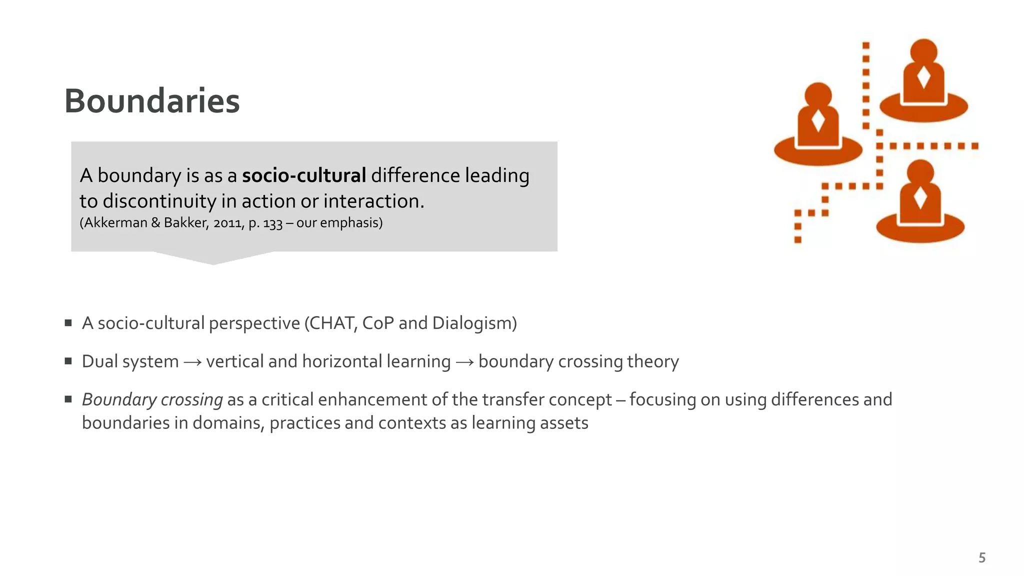 Boundaries
 A socio-cultural perspective (CHAT, CoP and Dialogism)
 Dual system → vertical and horizontal learning → boundary crossing theory
 Boundary crossing as a critical enhancement of the transfer concept – focusing on using differences and
boundaries in domains, practices and contexts as learning assets
5
A boundary is as a socio-cultural difference leading
to discontinuity in action or interaction.
(Akkerman & Bakker, 2011, p. 133 – our emphasis)
 