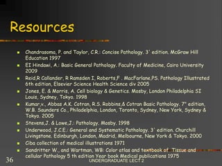 Resources
 Chandrasoma, P. and Taylor, C.R.: Concise Pathology. 3' edition. McGraw Hill
Education 1997
 EI Hindawi, A.: Basic General Pathology. Faculty of Medicine, Cairo University
2009
 Reid,R Callander, R Ramsden I, Roberts,F . MacFarlane,PS. Pathology Illustrated
6th edition, Elsevier Science Health Science div 2005
 Jones, E. & Morris, A. Cell biology & Genetics. Mosby, London Philadelphia SI
Louis, Sydney, Tokyo. 1998
 Kumar,v., Abbas A.K. Cotran, R.S. Robbins,& Cotran Basic Pathology. 7" edition,
W.B. Saunders Co., Philadelphia, London, Toronto, Sydney, New York, Sydney &
Tokyo. 2005
 Stevens,J. & Lowe,J.: Pathology. Mosby. 1998
 Underwood, J.C.E.: General and Systematic Pathology. 3' edition. Churchill
Livingstone. Edinburgh, London, Madrid, Melbourne, New York & Tokyo. 2000
 Ciba collection of medical illustrations 1971
 Sandritter W., and Wartman, WB: Color atlas and textbook of Tissue and
cellular Pathology 5 th edition Year book Medical publications 1975
UNDERGRADUATE LECT 2
36
 