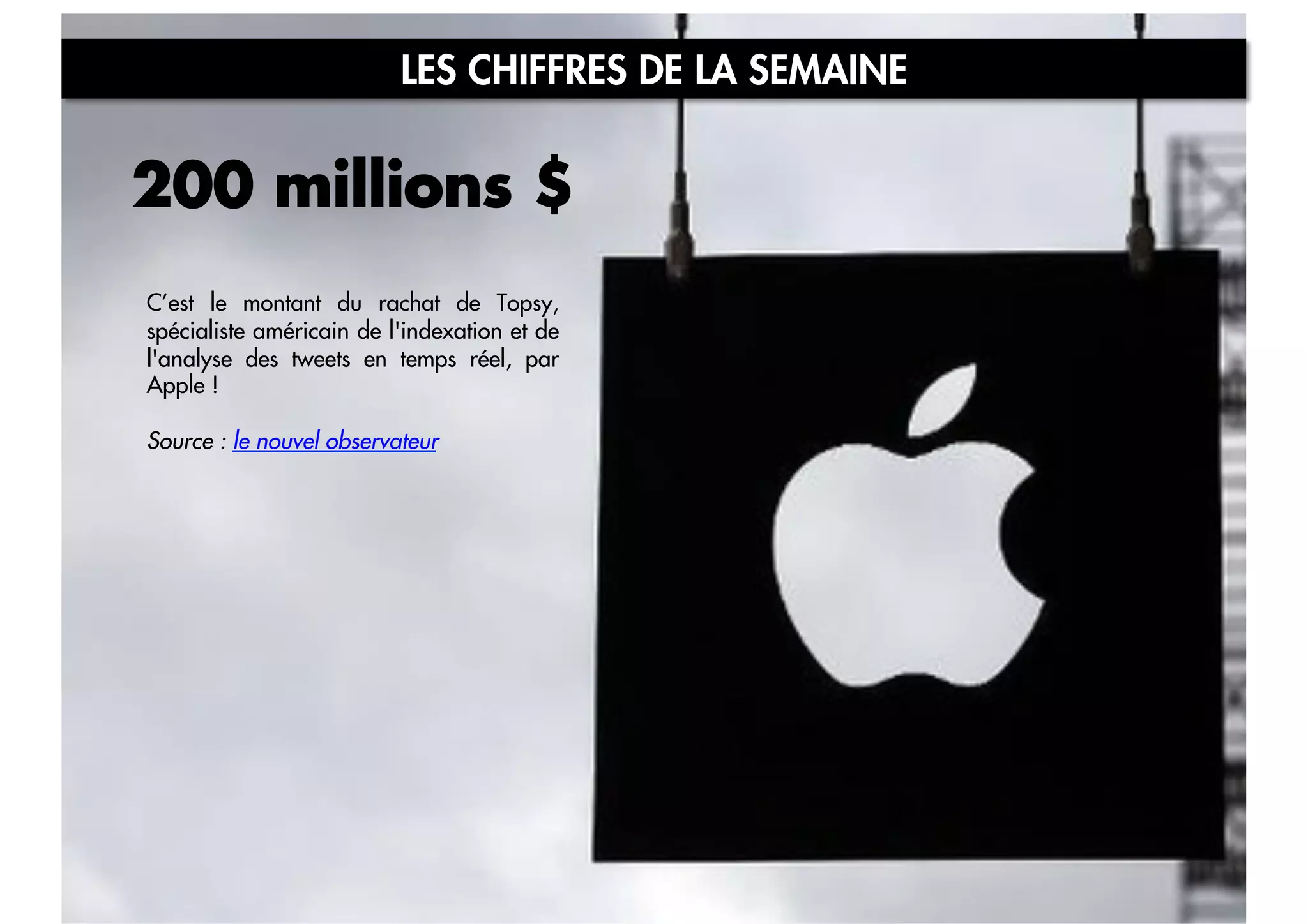 LES CHIFFRES DE LA SEMAINE

200 millions $
C’est le montant du rachat de Topsy,
spécialiste américain de l'indexation et de
l'analyse des tweets en temps réel, par
Apple !
Source : le nouvel observateur

 