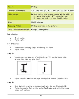 93
Focus: Writing
Learning Standard(s): 3.1.1 (b), (c), (f), 3.1.2 (a), (d), (e) {SK & SJK}
Objective(s): By the end of the lesson, pupils will be able to:
i.	 write the letter ‘I/i’ correctly; and;
ii.	 copy and write in neat legible print.
Time: 30/60 minutes
Teaching Aid(s): Writing exercise book, pictures
Cross Curricular Element(s): Multiple Intelligences
Introduction:
a.	 Greet pupils.
b.	 Pupils reply.	
Set Induction:
a.	 Demonstrate drawing simple strokes up and down.
b.	 Pupils follow.
Step 1:
a.	 Demonstrate correct way of writing letter ‘I/i’ on the board using
	 writing lines [red and blue lines].
b.	 Pupils complete exercise on page 30 in pupil’s module. (Appendix 10)
Step 2:
a.	 Distribute three pictures to each pupil: pin, tin, bin. (Appendix 11)
b.	 Paste pictures in their writing books. Pupils copy and write the words
	 below each picture.
I i
2
3
1
1
2
 