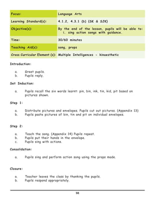 98
Focus: Language Arts
Learning Standard(s): 4.1.2, 4.3.1 (b) {SK & SJK}
Objective(s): By the end of the lesson, pupils will be able to:
i.	 sing action songs with guidance.
Time: 30/60 minutes
Teaching Aid(s): song, props
Cross Curricular Element (s): Multiple Intelligences - kinaesthetic
Introduction:
a.	 Greet pupils.
b.	 Pupils reply.
Set Induction:
a.	 Pupils recall the six words learnt: pin, bin, ink, tin, kid, pit based on
pictures shown.
Step 1:
a.	 Distribute pictures and envelopes. Pupils cut out pictures. (Appendix 13)
b.	 Pupils paste pictures of bin, tin and pit on individual envelopes.
Step 2:
a.	 Teach the song. (Appendix 14) Pupils repeat.
b.	 Pupils put their hands in the envelope.
c.	 Pupils sing with actions.
Consolidation:
a.	 Pupils sing and perform action song using the props made.
	
Closure:
a.	 Teacher leaves the class by thanking the pupils.
b.	 Pupils respond appropriately.
 