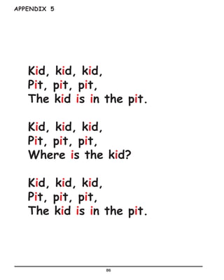 86
Kid, kid, kid,
Pit, pit, pit,
The kid is in the pit.
Kid, kid, kid,
Pit, pit, pit,
Where is the kid?
Kid, kid, kid,
Pit, pit, pit,
The kid is in the pit.
APPENDIX 5
 