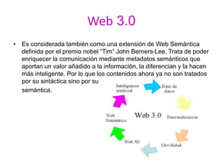Web 3.0
• Es considerada también como una extensión de Web Semántica
definida por el premio nobel “Tim” John Berners-Lee. Trata de poder
enriquecer la comunicación mediante metadatos semánticos que
aportan un valor añadido a la información, la diferencian y la hacen
más inteligente. Por lo que los contenidos ahora ya no son tratados
por su sintáctica sino por su
semántica.
 