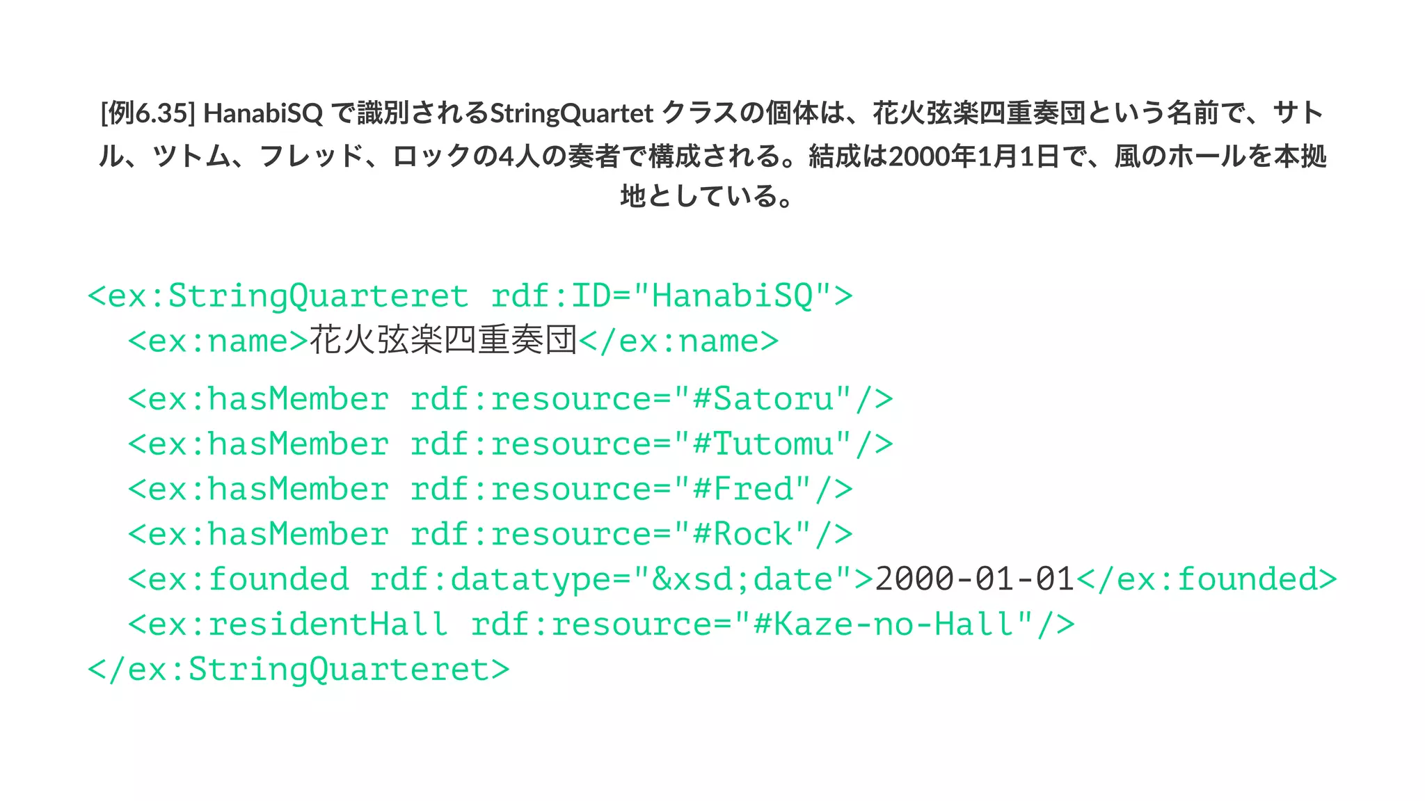 [例6.35]'HanabiSQ'で識別されるStringQuartet'クラスの個体は、花火弦楽四重奏団という名前で、サト
ル、ツトム、フレッド、ロックの4人の奏者で構成される。結成は2000年1月1日で、風のホールを本拠
地としている。
<ex:StringQuarteret rdf:ID="HanabiSQ">
<ex:name>花火弦楽四重奏団</ex:name>
<ex:hasMember rdf:resource="#Satoru"/>
<ex:hasMember rdf:resource="#Tutomu"/>
<ex:hasMember rdf:resource="#Fred"/>
<ex:hasMember rdf:resource="#Rock"/>
<ex:founded rdf:datatype="&xsd;date">2000-01-01</ex:founded>
<ex:residentHall rdf:resource="#Kaze-no-Hall"/>
</ex:StringQuarteret>
 