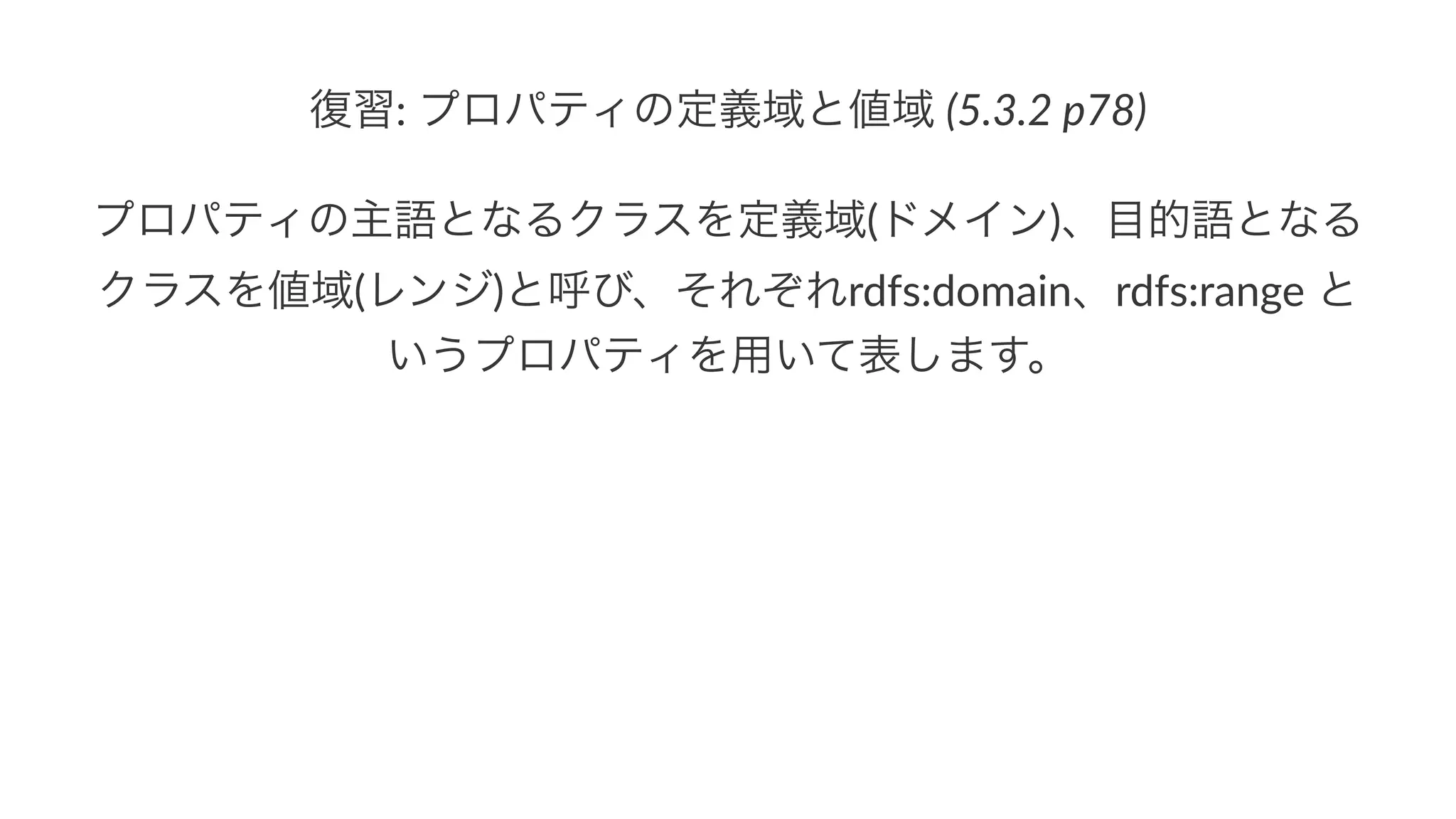 復習:"プロパティの定義域と値域"(5.3.2&p78)
プロパティの主語となるクラスを定義域(ドメイン)、目的語となる
クラスを値域(レンジ)と呼び、それぞれrdfs:domain、rdfs:range/と
いうプロパティを用いて表します。
 