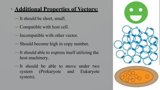 • Additional Properties of Vectors:
─ It should be short, small.
─ Compatible with host cell.
─ Incompatible with other vector.
─ Should become high in copy number.
─ It should able to express itself utilizing the
host machinery.
─ It should be able to move under two
system (Prokaryote and Eukaryote
system).
 