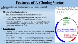 All commonly used cloning vectors have some essential
features:
• Origin of replication (ori):
– This makes autonomous replication in vector.
– ori is a specific sequence of nucleotide from where
replication starts by DNA polymerase of host.
– When foreign DNA is linked to the sequence along with
vector replication, foreign (desirable) DNA also starts
replicating within host cell.
• Cloning Site:
– Cloning site is a place where the vector DNA can be digested
and desired DNA can be inserted by the same restriction
enzyme.
– It is a point of entry or analysis for genetic engineering work.
– Recently recombinant plasmids contain a multiple cloning
site (MCS) which have many (up to ~20) restriction sites.
Features of A CloningVector
 