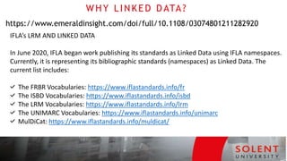 WHY LINKED DATA?
https://www.emeraldinsight.com/doi/full/10.1108/03074801211282920
IFLA’s LRM AND LINKED DATA
In June 2020, IFLA began work publishing its standards as Linked Data using IFLA namespaces.
Currently, it is representing its bibliographic standards (namespaces) as Linked Data. The
current list includes:
The FRBR Vocabularies: https://www.iflastandards.info/fr
The ISBD Vocabularies: https://www.iflastandards.info/isbd
The LRM Vocabularies: https://www.iflastandards.info/lrm
The UNIMARC Vocabularies: https://www.iflastandards.info/unimarc
MulDiCat: https://www.iflastandards.info/muldicat/
 
