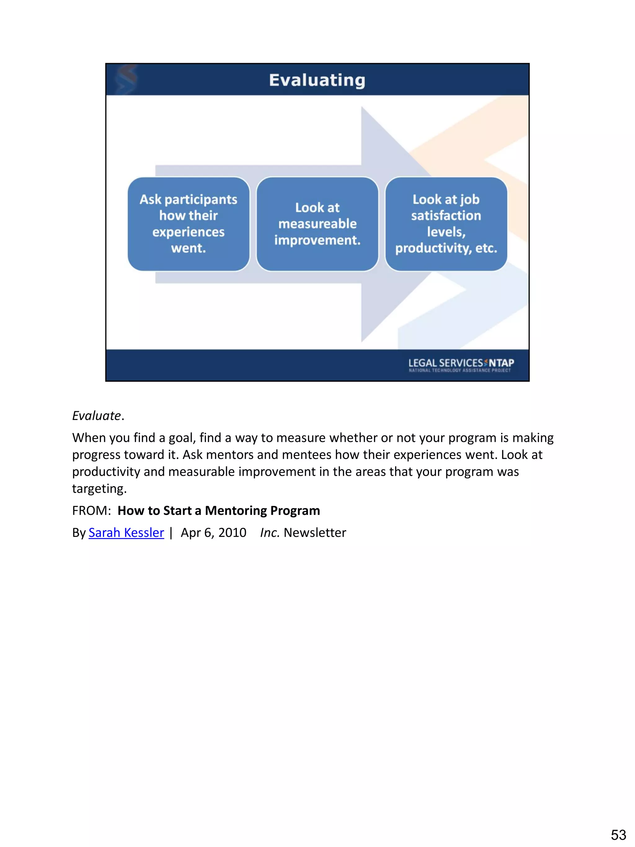 Evaluate.
When you find a goal, find a way to measure whether or not your program is making
progress toward it. Ask mentors and mentees how their experiences went. Look at
productivity and measurable improvement in the areas that your program was
targeting.
FROM: How to Start a Mentoring Program
By Sarah Kessler | Apr 6, 2010 Inc. Newsletter




                                                                                    53
 