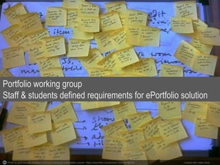 Photo by pjohnkeane - Creative Commons Attribution-ShareAlike License https://www.flickr.com/photos/13559305@N00 Created with Haiku Deck
Portfolio working group
Staff & students defined requirements for ePortfolio solution
 