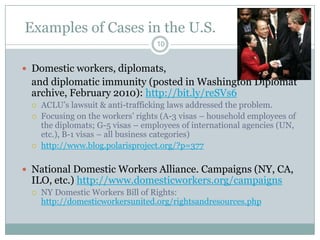 Examples of Cases in the U.S.
                                   10


 Domestic workers, diplomats,
 and diplomatic immunity (posted in Washington Diplomat
 archive, February 2010): http://bit.ly/reSVs6
    ACLU‟s lawsuit & anti-trafficking laws addressed the problem.
    Focusing on the workers‟ rights (A-3 visas – household employees of
     the diplomats; G-5 visas – employees of international agencies (UN,
     etc.), B-1 visas – all business categories)
    http://www.blog.polarisproject.org/?p=377

 National Domestic Workers Alliance. Campaigns (NY, CA,
 ILO, etc.) http://www.domesticworkers.org/campaigns
    NY Domestic Workers Bill of Rights:
     http://domesticworkersunited.org/rightsandresources.php
 