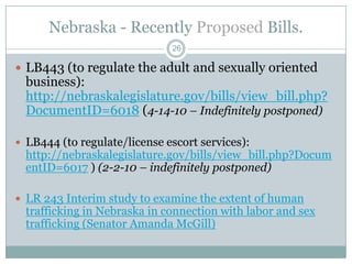 Nebraska - Recently Proposed Bills.
                              26

 LB443 (to regulate the adult and sexually oriented
  business):
  http://nebraskalegislature.gov/bills/view_bill.php?
  DocumentID=6018 (4-14-10 – Indefinitely postponed)

 LB444 (to regulate/license escort services):
  http://nebraskalegislature.gov/bills/view_bill.php?Docum
  entID=6017 ) (2-2-10 – indefinitely postponed)

 LR 243 Interim study to examine the extent of human
  trafficking in Nebraska in connection with labor and sex
  trafficking (Senator Amanda McGill)
 