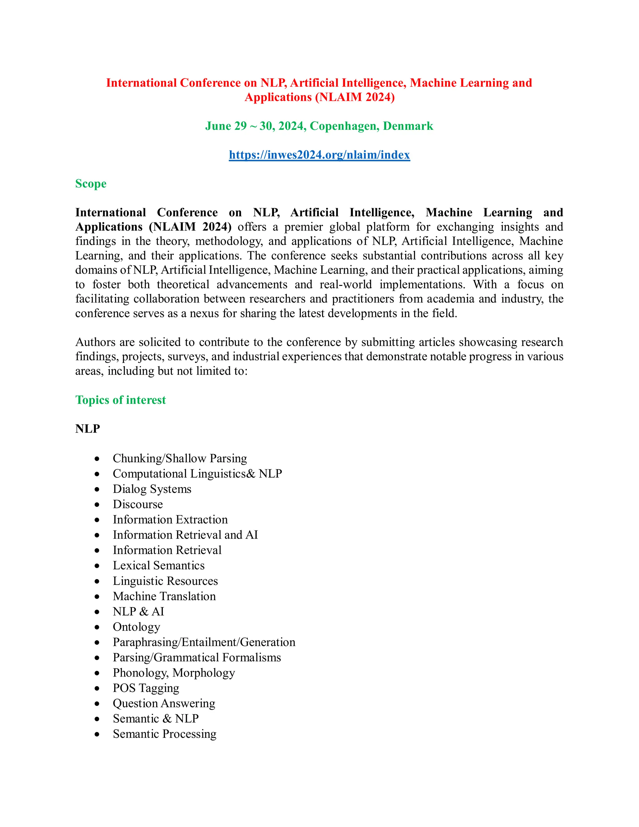 International Conference on NLP, Artificial Intelligence, Machine