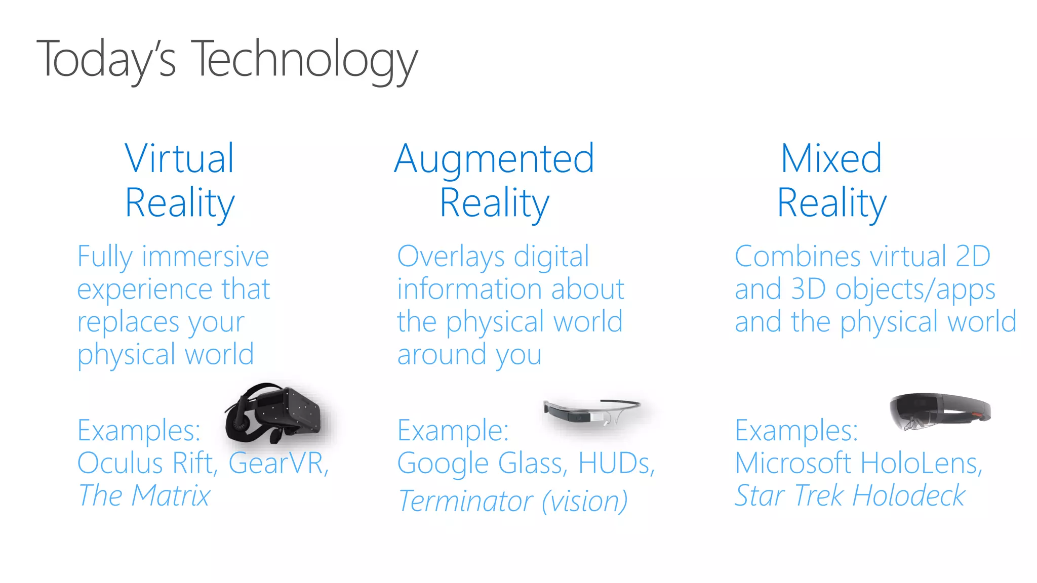 Virtual
Reality
Fully immersive
experience that
replaces your
physical world
Examples:
Oculus Rift, GearVR,
The Matrix
Augmented
Reality
Overlays digital
information about
the physical world
around you
Example:
Google Glass, HUDs,
Terminator (vision)
Mixed
Reality
Combines virtual 2D
and 3D objects/apps
and the physical world
Examples:
Microsoft HoloLens,
Star Trek Holodeck
 