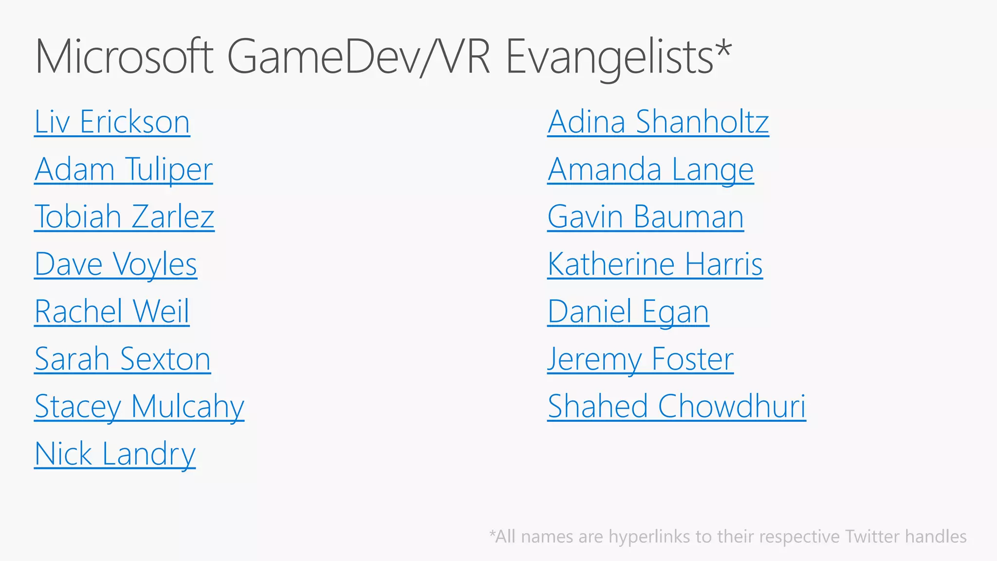Liv Erickson
Adam Tuliper
Tobiah Zarlez
Dave Voyles
Rachel Weil
Sarah Sexton
Stacey Mulcahy
Nick Landry
Adina Shanholtz
Amanda Lange
Gavin Bauman
Katherine Harris
Daniel Egan
Jeremy Foster
Shahed Chowdhuri
*All names are hyperlinks to their respective Twitter handles
 