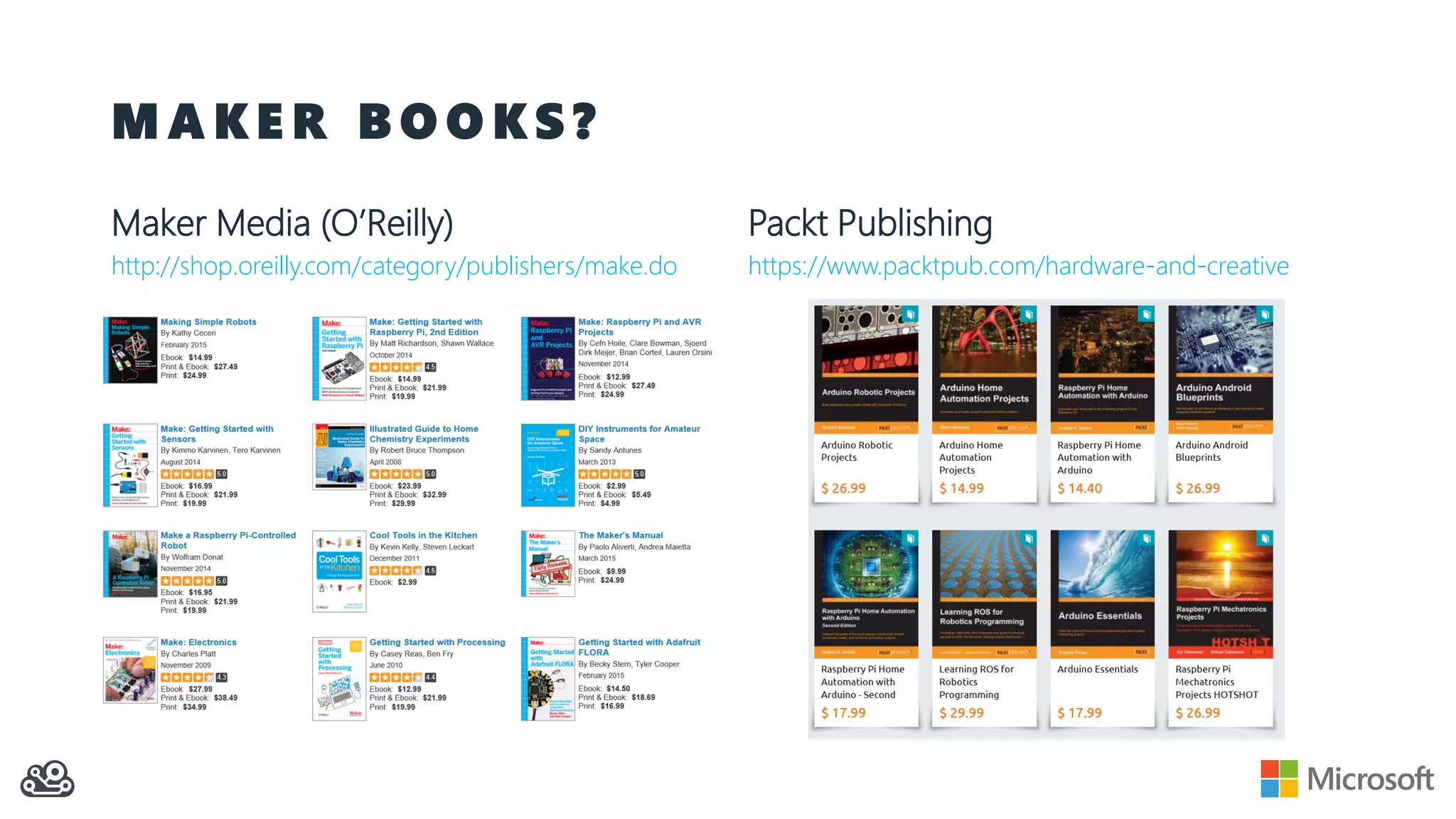 M A K E R B O O K S ?
Maker Media (O’Reilly)
http://shop.oreilly.com/category/publishers/make.do
Packt Publishing
https://www.packtpub.com/hardware-and-creative
 