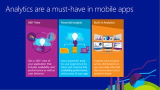 Analytics are a must-have in mobile apps
Get a 360° view of
your application that
includes availability and
performance as well as
user behavior
Explore and analyze
across dimensions so
you can make informed
decisions about your
product’sfuture
Use a powerful, easy-
to-use experience to
track and improve the
availability,performance,
and success of your app
 