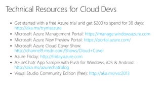 
http://aka.ms/trymsazure
 https://manage.windowsazure.com
 https://portal.azure.com/

http://channel9.msdn.com/Shows/Cloud+Cover
 http://friday.azure.com

http://aka.ms/azurechatrblog
 http://aka.ms/vsc2013
 