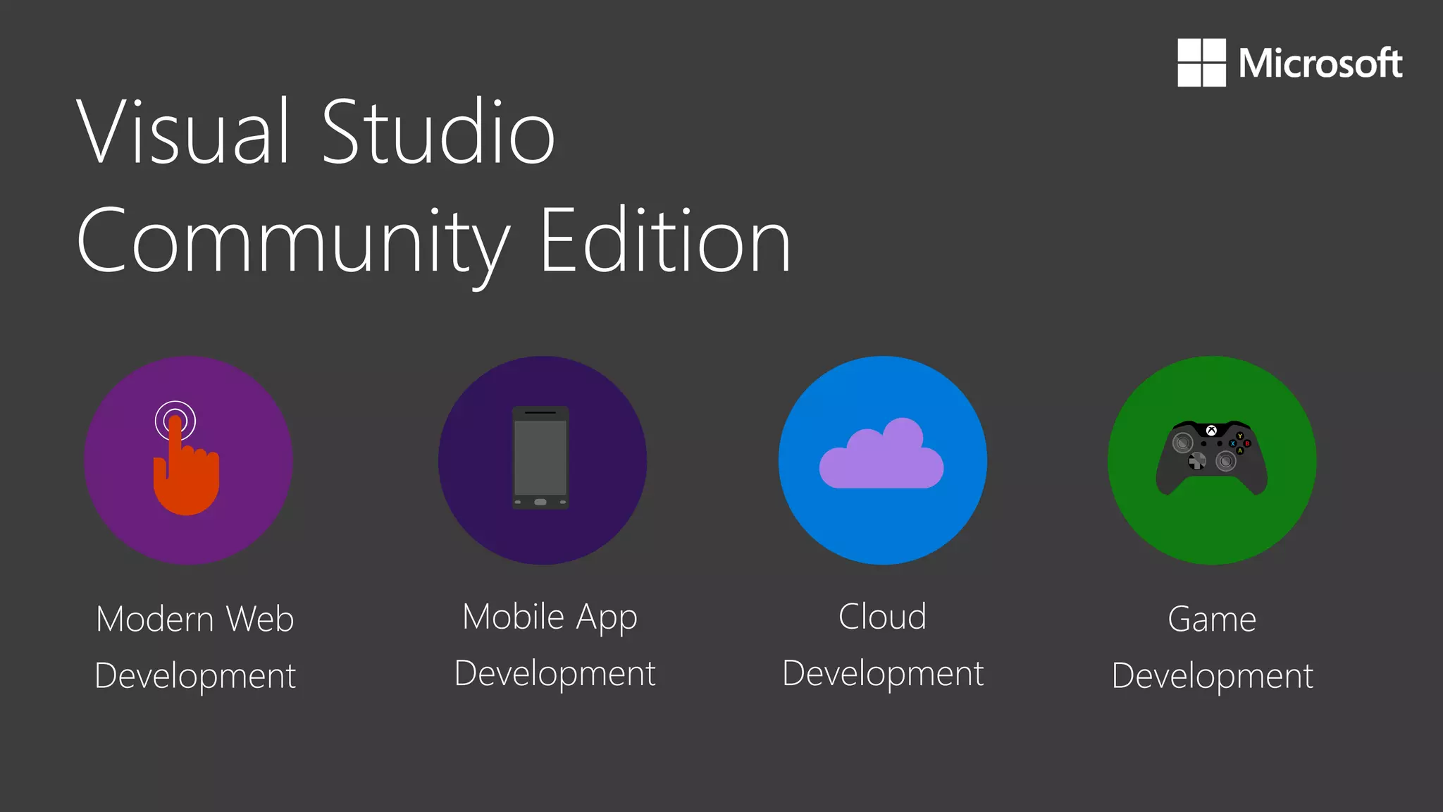 Visual Studio
Community Edition
Modern Web
Development
Mobile App
Development
Cloud
Development
Game
Development
 