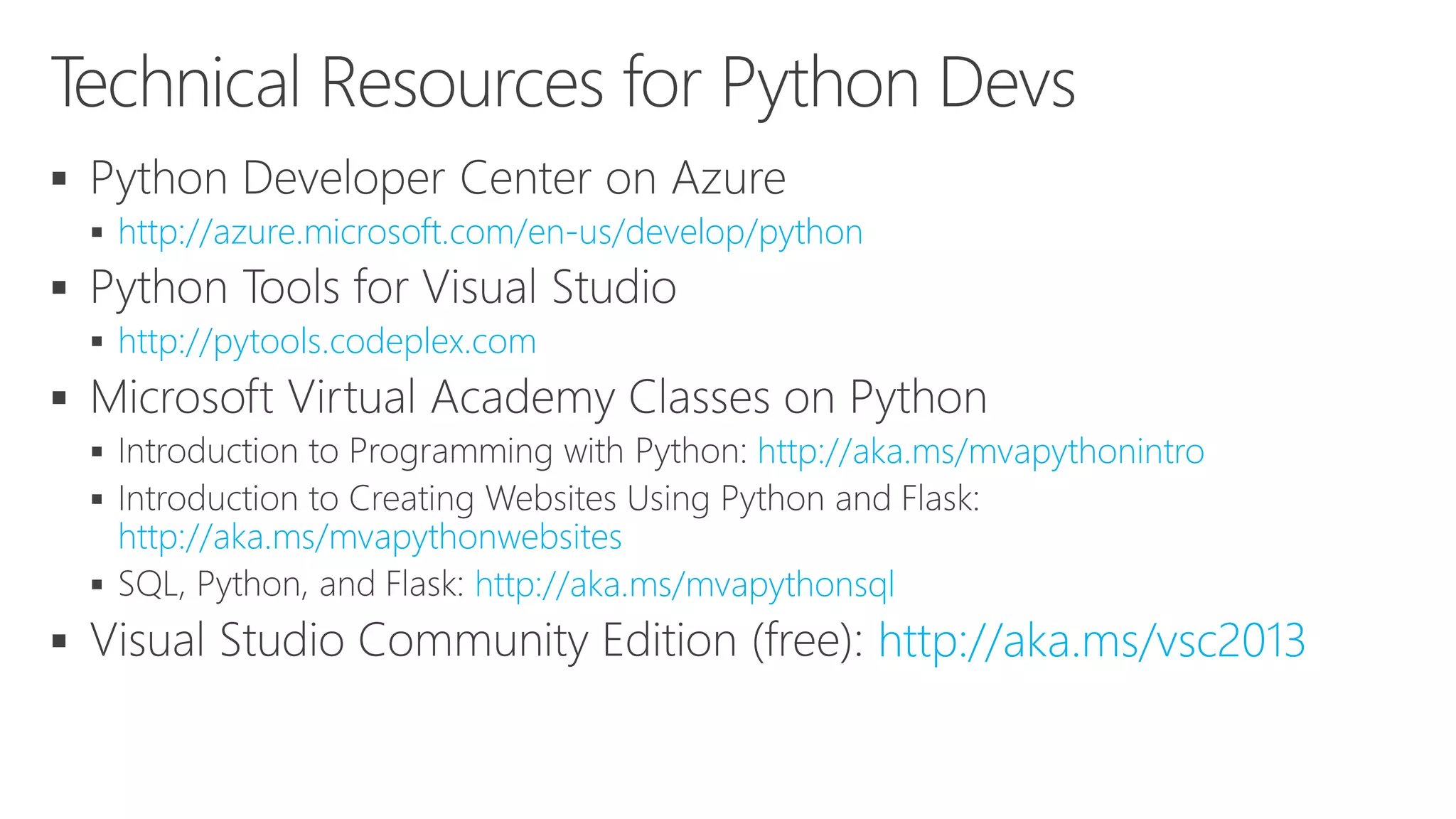 
 http://xamarin.com/download

 http://docs.xamarin.com

 http://xamarin.com/university

 http://evolve.xamarin.com

 http://blog.xamarin.com

 http://motzcod.es

 http://weblogs.asp.net/wallym

 http://www.gregshackles.com
 