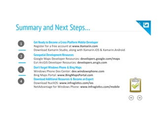 Summary and Next Steps…
Get Ready to Become a Cross-Platform Mobile Developer
Register	
  for	
  a	
  free	
  account	
  at	
  www.Xamarin.com	
  
Download	
  Xamarin	
  Studio,	
  along	
  with	
  Xamarin.iOS	
  &	
  Xamarin.Android	
  
Geospatial Development Resources
Google	
  Maps	
  Developer	
  Resources:	
  developers.google.com/maps	
  
Esri	
  ArcGIS	
  Developer	
  Resources:	
  developers.arcgis.com	
  
Don’t forget Windows Phone & Bing Maps
Windows	
  Phone	
  Dev	
  Center:	
  dev.windowsphone.com	
  
Bing	
  Maps	
  Portal:	
  www.BingMapsPortal.com	
  
	
  Download Additional Resources & Become an Expert
Download	
  NucliOS:	
  www.infragis1cs.com/ios	
  
NetAdvantage	
  for	
  Windows	
  Phone:	
  www.Infragis1cs.com/mobile	
  
30	
  
1
2
3
4
 