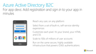 Azure Active Directory B2C
Reach any user, on any platform
Scale to 100s of millions of user accounts
Run on the same secure, highly available
infrastructure that powers O365 authentications
Select from a set of built-in, self-service identity
experiences
Customize each pixel. It’s your brand, your HTML
and CSS
 