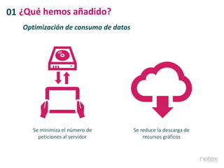 01 ¿Qué hemos añadido?
Optimización de consumo de datos
Se minimiza el número de
peticiones al servidor
Se reduce la descarga de
recursos gráficos
 