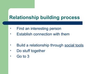 Relationship building process Find an interesting person Establish connection with them Build a relationship through  social tools Do stuff together Go to 3 