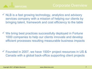 Corporate Overview
Copyright 2017. All Rights Reserved. www.nlbservices.com 2
 NLB is a fast growing technology, analytics and advisory
services company with a mission of helping our clients by
bringing talent, framework and cost efficiency to the table
 We bring best practices successfully deployed in Fortune
1000 companies to help our clients innovate and develop
efficient processes resulting measurable business impacts
 Founded in 2007, we have 1500+ project resources in US &
Canada with a global back-office supporting client projects
 