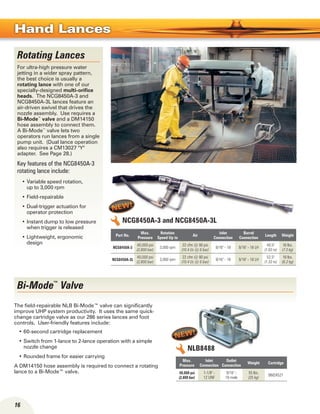 The field-repairable NLB Bi-Mode™ valve can significantly
improve UHP system productivity. It uses the same quick-
change cartridge valve as our 286 series lances and foot
controls. User-friendly features include:
60-second cartridge replacement•	
Switch from 1-lance to 2-lance operation with a simple•	
nozzle change
Rounded frame for easier carrying•	
A DM14150 hose assembly is required to connect a rotating
lance to a Bi-Mode™ valve.
16
Hand Lances
Rotating Lances
For ultra-high pressure water
jetting in a wider spray pattern,
the best choice is usually a
rotating lance with one of our
specially-designed multi-orifice
heads. The NCG8450A-3 and
NCG8450A-3L lances feature an
air-driven swivel that drives the
nozzle assembly. Use requires a
Bi-Mode™
valve and a DM14150
hose assembly to connect them.
A Bi-Mode™
valve lets two
operators run lances from a single
pump unit. (Dual lance operation
also requires a CM13027 Y
adapter. See Page 28.)
Key features of the NCG8450A-3
rotating lance include:
Variable speed rotation,•	
up to 3,000 rpm
Field-repairable•	
Dual-trigger actuation for•	
operator protection
Instant dump to low pressure•	
when trigger is released
Lightweight, ergonomic•	
design
Part No.
Max.
Pressure
Rotation
Speed Up to
Air
Inlet
Connection
Barrel
Connection
Length Weight
NCG8450A-3
40,000 psi
(2,800 bar)
3,000 rpm
22 cfm @ 90 psi
(10.4 l/s @ 6 bar)
9/16 - 18 9/16 - 18 LH
40.5
(1.03 m)
16 lbs.
(7.3 kg)
NCG8450A-3L
40,000 psi
(2,800 bar)
3,000 rpm
22 cfm @ 90 psi
(10.4 l/s @ 6 bar)
9/16 - 18 9/16 - 18 LH
52.5
(1.33 m)
18 lbs.
(8.2 kg)
NCG8450a-3 and NCG8450a-3L
Max.
Pressure
Inlet
Connection
Outlet
Connection
Weight Cartridge
40,000 psi
(2,800 bar)
1-1/8 -
12 UNF
9/16 -
18 male
55 lbs.
(25 kg)
BM24521
Bi-Mode™
Valve
NLB8488
 