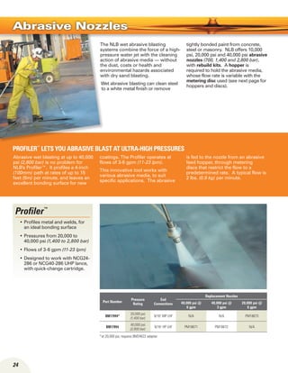 24
The NLB wet abrasive blasting
systems combine the force of a high-
pressure water jet with the cleaning
action of abrasive media — without
the dust, costs or health and
environmental hazards associated
with dry sand blasting.
Wet abrasive blasting can clean steel
to a white metal finish or remove
tightly bonded paint from concrete,
steel or masonry. NLB offers 10,000
psi, 20,000 psi and 40,000 psi abrasive
nozzles (700, 1,400 and 2,800 bar),
with rebuild kits. A hopper is
required to hold the abrasive media,
whose flow rate is variable with the
metering disc used (see next page for
hoppers and discs).
Abrasive wet blasting at up to 40,000
psi (2,800 bar) is no problem for
NLB's Profiler™. It profiles a 4-inch
(100mm) path at rates of up to 15
feet (5m) per minute, and leaves an
excellent bonding surface for new
coatings. The Profiler operates at
flows of 3-6 gpm (11-23 lpm).
This innovative tool works with
various abrasive media, to suit
specific applications. The abrasive
is fed to the nozzle from an abrasive
feed hopper, through metering
discs that restrict the flow to a
predetermined rate. A typical flow is
2 lbs. (0.9 kg) per minute.
Abrasive Nozzles
Profiler™
lets you abrasive blast at ultra-high pressures
Part Number
Pressure
Rating
End
Connections
Replacement Nozzles
40,000 psi @
6 gpm
40,000 psi @
3 gpm
20,000 psi @
6 gpm
BM17994*
20,000 psi
(1,400 bar)
9/16 MP LHF N/A N/A PM18673
BM17994
40,000 psi
(2,800 bar)
9/16 HP LHF PM18671 PM18672 N/A
Profiler™
Profiles metal and welds, for•	
an ideal bonding surface
Pressures from 20,000 to•	
40,000 psi (1,400 to 2,800 bar)
Flows of 3-6 gpm•	 (11-23 lpm)
Designed to work with NCG24-•	
286 or NCG40-286 UHP lance,
with quick-change cartridge.
*at 20,000 psi, requires BM24622 adapter
 