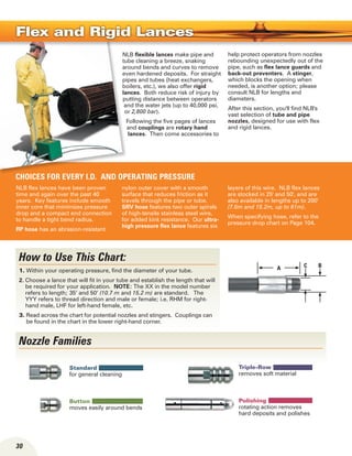 30
NLB flexible lances make pipe and
tube cleaning a breeze, snaking
around bends and curves to remove
even hardened deposits. For straight
pipes and tubes (heat exchangers,
boilers, etc.), we also offer rigid
lances. Both reduce risk of injury by
putting distance between operators
and the water jets (up to 40,000 psi,
or 2,800 bar).
Following the five pages of lances
and couplings are rotary hand
lances. Then come accessories to
help protect operators from nozzles
rebounding unexpectedly out of the
pipe, such as flex lance guards and
back-out preventers. A stinger,
which blocks the opening when
needed, is another option; please
consult NLB for lengths and
diameters.
After this section, you'll find NLB's
vast selection of tube and pipe
nozzles, designed for use with flex
and rigid lances.
NLB flex lances have been proven
time and again over the past 40
years. Key features include smooth
inner core that minimizes pressure
drop and a compact end connection
to handle a tight bend radius.
RP hose has an abrasion-resistant
nylon outer cover with a smooth
surface that reduces friction as it
travels through the pipe or tube.
SRV hose features two outer spirals
of high-tensile stainless steel wire,
for added kink resistance. Our ultra-
high pressure flex lance features six
layers of this wire. NLB flex lances
are stocked in 25' and 50', and are
also available in lengths up to 200'
(7.6m and 15.2m, up to 61m).
When specifying hose, refer to the
pressure drop chart on Page 104.
Flex and Rigid Lances
Triple-Row
removes soft material
Polishing
rotating action removes
hard deposits and polishes
A C B
How to Use This Chart:
1. Within your operating pressure, find the diameter of your tube.
2. Choose a lance that will fit in your tube and establish the length that will
be required for your application. NOTE: The XX in the model number
refers to length; 35’ and 50’ (10.7 m and 15.2 m) are standard. The
YYY refers to thread direction and male or female; i.e. RHM for right-
hand male, LHF for left-hand female, etc.
3. Read across the chart for potential nozzles and stingers. Couplings can
be found in the chart in the lower right-hand corner.
Nozzle Families
Standard
for general cleaning
Button
moves easily around bends
Choices for every I.D. and operating pressure
 