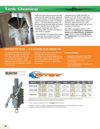 56
NLB's 3-D tank cleaning dramatically
reduces tank cleaning time, respects
the environment, and eliminates the
need for anyone to enter a confined
space. The dual cleaning action of
the revolving/rotating head, powered
by the reaction force of the high-
pressure water jets, provides
complete, 360° interior coverage of
your tank or reactor.
The NLB3750 3-D heads have been
removing the toughest chemical
and resin build-up for decades —
everything from ABS and PVC to
baked-on coke. Some customers
have reduced man-hours by as much
as 80 percent, while others report
that they clean 6 times as many
tanks or totes with water jets as with
caustics or solvents.
We offer a complete system, with a
selection of 3-D heads and telescopic
lances plus swivel turrets, protective
cages, and a variety of nozzle arms
and extensions to suit practically any
application.
The latest NLB3750 3-D heads are
designed for greater productivity
than ever, with triple the seal life
and significantly shorter rebuild
times. The new Torrent™
head,
NLB3750-150, also features nozzles
tips with carbide orifices for greater
cohesiveness.
NLB3750 series heads have proven
themselves over the years in
countless tank cleaning applications.
They offer a wide range of pressures
and flows, and some models can
be ordered in bronze or lightweight
aluminum.
Features include:
Operating pressures from 3,000•	
to 20,000 psi (210 to 1,400 bar)
Flows from 13-110 gpm•	
(49-416 lpm)
Replaceable seal for long life and•	
easy maintenance
Tank Cleaning
NEW NLB3750 HEADS — 3-D CLEANING PLUS LONGER LIFE
Model No.
Operating
Pressure
Flow Rate
Inlet
Connection
Weight Length
Min.
Width
Max.
Width
Rebuild
Kit
NLB3750-40-10K
3,000 - 10,000 psi
(210-700 bar)
13-50 gpm
(49-189 lpm)
3/4 M/P
Female
Bronze:
23 lbs. (10 kg)
14-1/4
(36.2 cm)
6-1/2
(16.5 cm)
9-11/16
(24.6 cm)
NLB3750-
10RBKT
NLB3750-40-20K
3,000 - 20,000 psi
(210-1,400 bar)
13-50 gpm
(49-189 lpm)
3/4 M/P
Female
Bronze:
23 lbs. (10 kg)
14-1/4
(36.2 cm)
6-1/2
(16.5 cm)
9-11/16
(24.6 cm)
NLB3750-
20RBKT
NLB3750-150
4,000 - 10,000 psi
(275-700 bar)
up to
150 gpm
(568 lpm)
1-1/4-
11-1/2 NPT
Female
Stainless Steel:
48 lbs. (22 kg)
20
(50.8 cm)
8
(20.3 cm)
14
(35.6 cm)
PM7412-
110NB
Nozzle size and rotor offsets are determined by the supply pump rating and pressure available at the 3-D head inlet.
Consult NLB for proper nozzle sizes and rotor offsets to suit your application.
To order a 3-D head in aluminum, add “-AL”. Example: NLB3750-40-20K-AL.
UPGRADES – Customers with older 3-D heads (NLB3750-50, NLB3750-80) can get the long-life features of the new
models by purchasing and installing a CM2663 hub kit. Contact NLB for details.
NLB3750
 