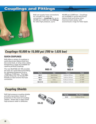 70
NLB can supply hose connections
for virtually any water jet
connection — couplings for up to
24,000 psi (1,680 bar) and fittings
for ultra-high pressure, up to
40,000 psi (2,800 bar). Couplings
are available in quick-disconnect
(sleeve-lock) and wing union
(hammer-lock) styles, with
economical o-rings for field repair.
Couplings and Fittings
NQC-11
Couplings-10,000 to 15,000 psi (700 to 1,035 bar)
Part No. Style Pressure Thread
NQC-11 Quick-Connect 10,000 psi (700 bar) 3/8 FNPT
NQC-22 Quick-Connect 10,000 psi (700 bar) 1/2 FNPT
NSC-4 Screw 15,000 psi (1,035 bar) 1/2 FNPT
NQC-22-15K Quick-Connect 15,000 psi (1,035 bar) 1/2 FNPT
Quick-Couplings
NLB offers a variety of couplings in
quick-discon­nect (sleeve-lock) and
two screw-lock, or wing union, styles.
Inexpensive o-rings are available for
repairing all NLB Couplings.
The new NLB NQC-22-15K provides
the ease of a quick-disconnect fitting
for operating pressures of up to
15,000 psi (1,035 bar). This high-
quality fitting has 1/2 female NPT
threads on each end for the hose
connection.
NSC-4
CS-22
Coupling Shields
Part No. Max. Pressure
CS-22 10,000 psi (700 bar)
NLB high-pressure coupling shields
provide a secondary means of
protection in the event of coupling
release. Hoses stay in place while
high-pressure water is deflected.
 