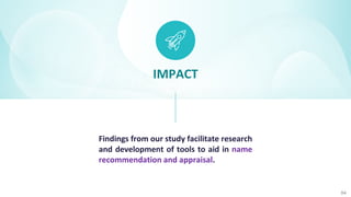 IMPACT
Findings from our study facilitate research
and development of tools to aid in name
recommendation and appraisal.
04
 