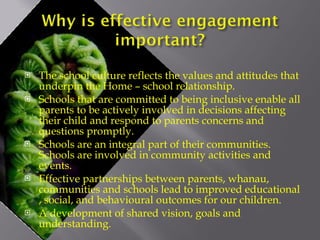 The school culture reflects the values and attitudes that underpin the Home – school relationship. Schools that are committed to being inclusive enable all parents to be actively involved in decisions affecting their child and respond to parents concerns and questions promptly. Schools are an integral part of their communities.  Schools are involved in community activities and events. Effective partnerships between parents, whanau, communities and schools lead to improved educational , social, and behavioural outcomes for our children. A development of shared vision, goals and understanding. 