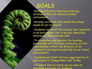 Develop effective teaching & learning strategies that will enhance student achievement Develop curriculum that meets the unique needs of our community Students and Staff will achieve their potential in an environment that is socially, physically, emotionally and culturally safe To strengthen and maintain the learning partnership with the local community, so that relationships reflect the diversity of our community and impacts positively on our school and students Students and Staff will have opportunities to participate in Tikanga Māori and Te Reo To ensure that all resources are used to maximise outcomes for students GOALS 