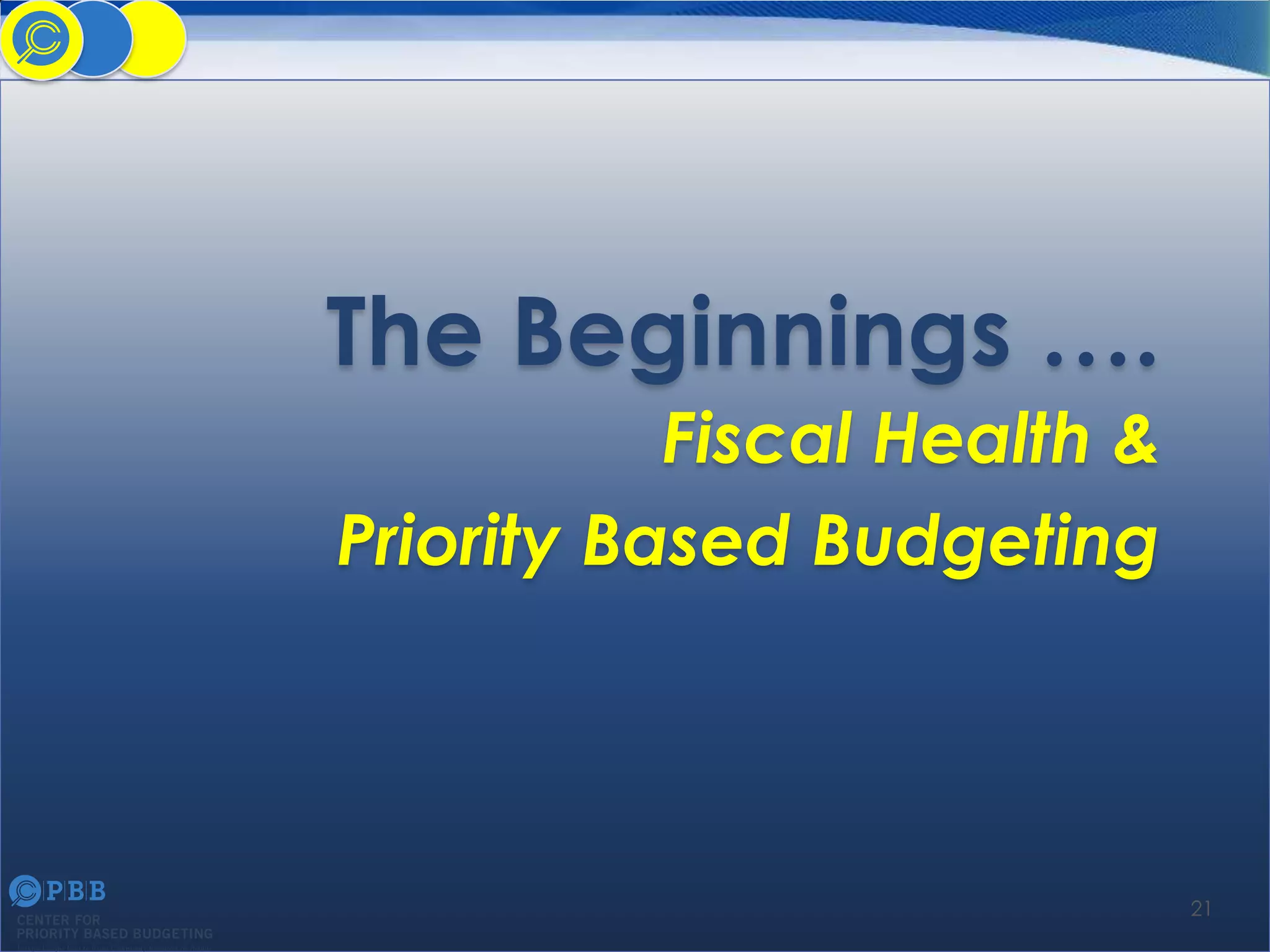 The Beginnings ….
Fiscal Health &
Priority Based Budgeting

21

 
