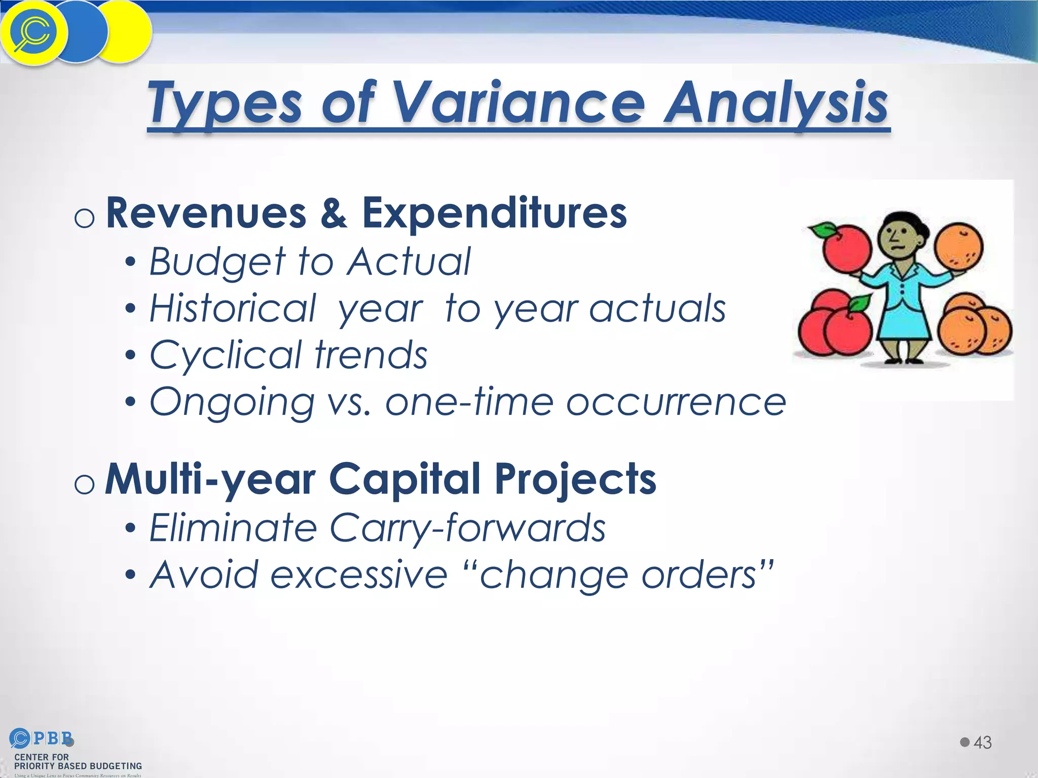 Types of Variance Analysis
o Revenues & Expenditures
•
•
•
•

Budget to Actual
Historical year to year actuals
Cyclical trends
Ongoing vs. one-time occurrence

o Multi-year Capital Projects

• Eliminate Carry-forwards
• Avoid excessive “change orders”

43

 